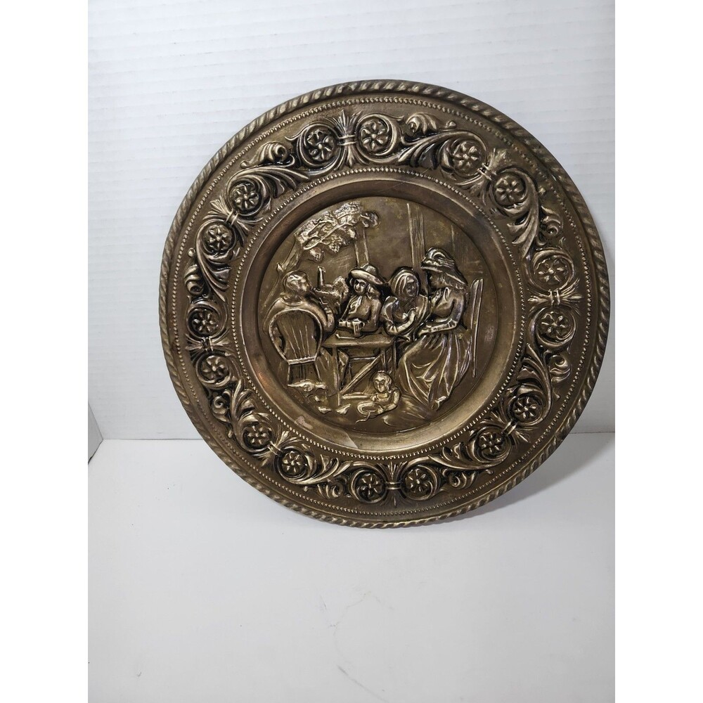 Brass Embossed Plate Tavern Scene Wall Hanging 12" England Vintage